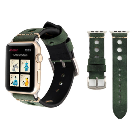 For Apple Watch Series 3 & 2 & 1 38mm Retro Hole Genuine Leather Wrist Watch Band(Green)-garmade.com