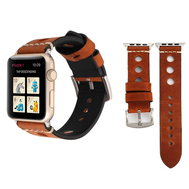 For Apple Watch Series 3 & 2 & 1 38mm Retro Hole Genuine Leather Wrist Watch Band-garmade.com