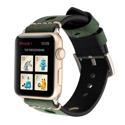 For Apple Watch Series 3 & 2 & 1 42mm Retro Hole Genuine Leather Wrist Watch Band(Green)-garmade.com