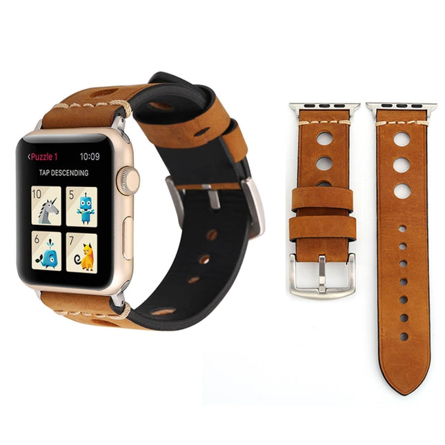 For Apple Watch Series 3 & 2 & 1 42mm Retro Hole Genuine Leather Wrist Watch Band(Brown)-garmade.com