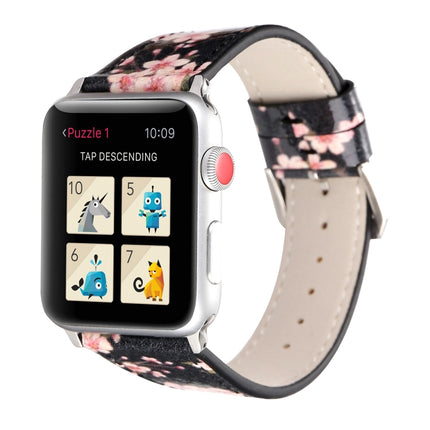Fashion Plum Blossom Pattern Genuine Leather Wrist Watch Band for Apple Watch Series 3 & 2 & 1 38mm(Black)-garmade.com