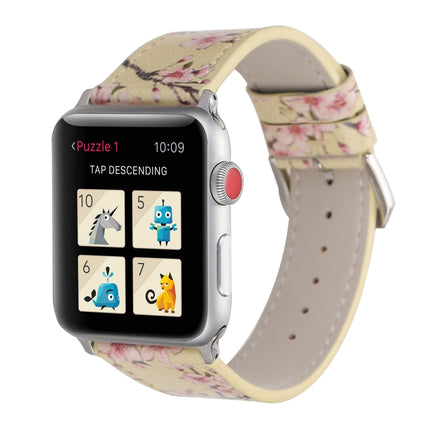 Fashion Plum Blossom Pattern Genuine Leather Wrist Watch Band for Apple Watch Series 3 & 2 & 1 38mm(Yellow)-garmade.com