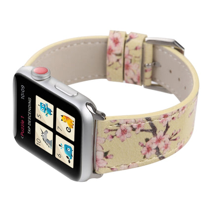 Fashion Plum Blossom Pattern Genuine Leather Wrist Watch Band for Apple Watch Series 3 & 2 & 1 42mm(Yellow)-garmade.com
