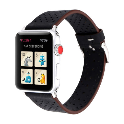 For Apple Watch Series 3 & 2 & 1 38mm Simple Fashion Genuine Leather Hole Pattern Watch Strap(Black)-garmade.com