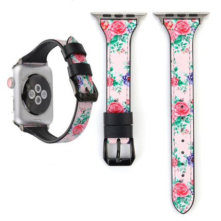 Letter T Shape Simple Floral Genuine Leather Wrist Watch Band with Stainless Steel Buckle for Apple Watch Series 3 & 2 & 1 42mm(Pink)-garmade.com