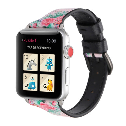 Letter T Shape Simple Floral Genuine Leather Wrist Watch Band with Stainless Steel Buckle for Apple Watch Series 3 & 2 & 1 42mm(Pink)-garmade.com