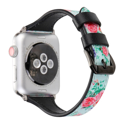 Letter T Shape Simple Floral Genuine Leather Wrist Watch Band with Stainless Steel Buckle for Apple Watch Series 3 & 2 & 1 42mm(Green)-garmade.com
