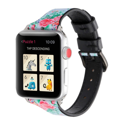 Letter T Shape Simple Floral Genuine Leather Wrist Watch Band with Stainless Steel Buckle for Apple Watch Series 3 & 2 & 1 42mm(Blue)-garmade.com