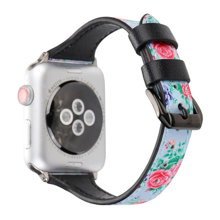 Letter T Shape Simple Floral Genuine Leather Wrist Watch Band with Stainless Steel Buckle for Apple Watch Series 3 & 2 & 1 42mm(Blue)-garmade.com