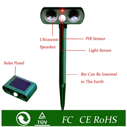 2 PCS Powerful Ultrasonic Solar-powered Animal Repeller With PIR Sensor & Light Sensor, Got the CE / ROHS Certification-garmade.com