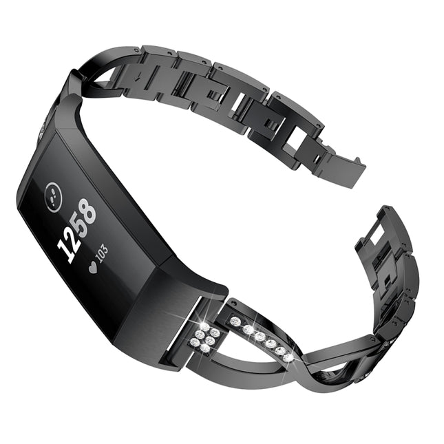 X-shaped Diamond-studded Metal Steel Wrist Strap Watch Band for Fitbit Charge 3(Black)-garmade.com