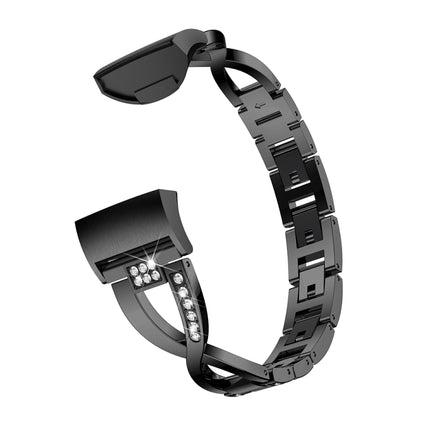 X-shaped Diamond-studded Metal Steel Wrist Strap Watch Band for Fitbit Charge 3(Black)-garmade.com