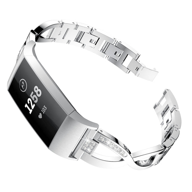 X-shaped Diamond-studded Metal Steel Wrist Strap Watch Band for Fitbit Charge 3 (Silver)-garmade.com