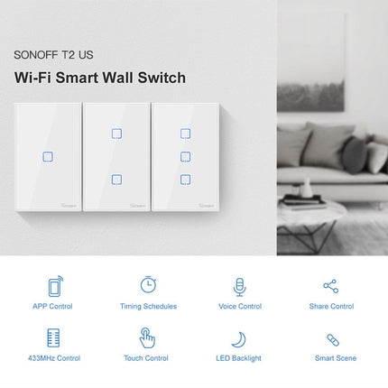Sonoff T2 Touch 120mm Tempered Glass Panel Wall Switch Smart Home Light Touch Switch, Compatible with Alexa and Google Home, AC 100V-240V, US Plug-garmade.com