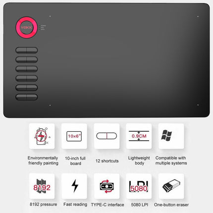 VEIKK A15 10x6 inch 5080 LPI Smart Touch Electronic Graphic Tablet, with Type-C Interface(Red)-garmade.com