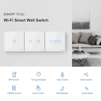 Sonoff T2 Touch 86mm Tempered Glass Panel Wall Switch Smart Home Light Touch Switch, Compatible with Alexa and Google Home, AC 100V-240V, EU Plug-garmade.com