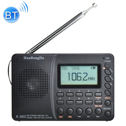 K-603 Portable FM / AM / SW Full Band Stereo Radio, Support BT & TF Card (Black)-garmade.com