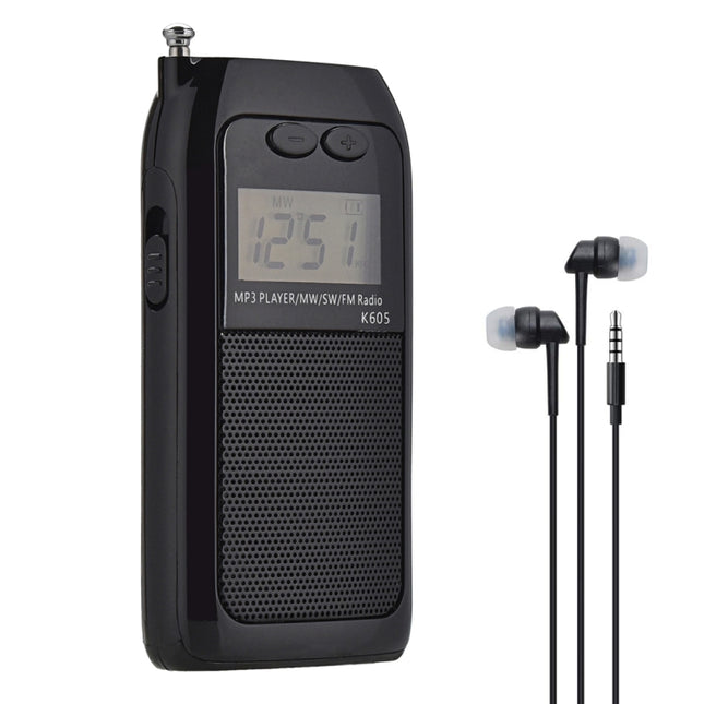 K-605 Portable FM / AM / SW Full Band Stereo Radio, Support TF Card (Black)-garmade.com