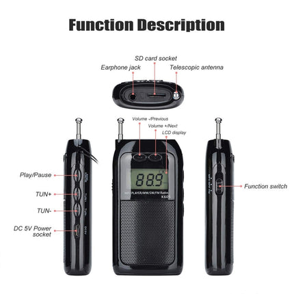 K-605 Portable FM / AM / SW Full Band Stereo Radio, Support TF Card (Black)-garmade.com