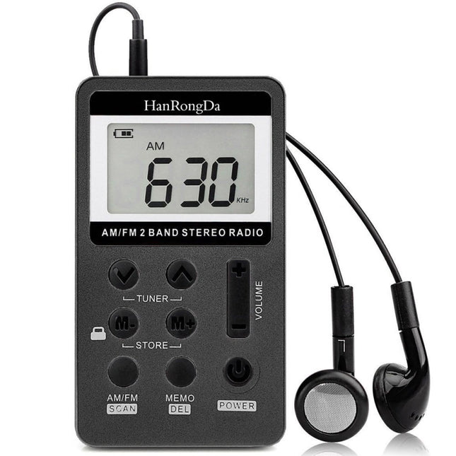 HRD-103 FM + AM Two Band Portable Radio with Lanyard & Headset(Black)-garmade.com
