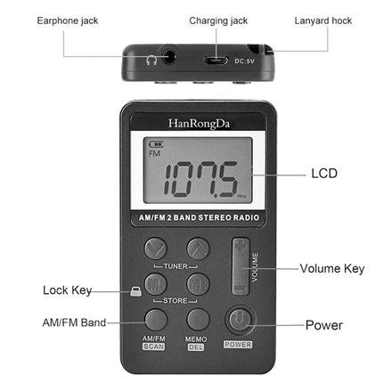 HRD-103 FM + AM Two Band Portable Radio with Lanyard & Headset(Black)-garmade.com