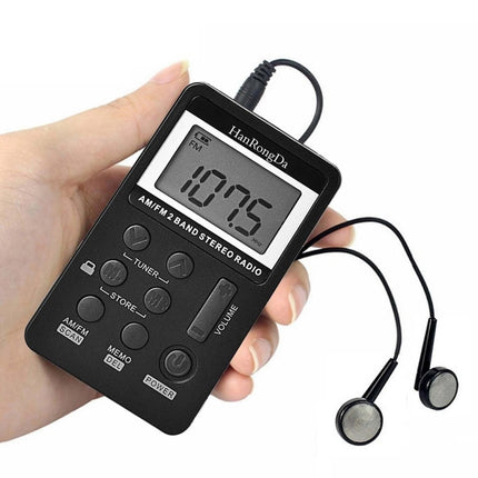 HRD-103 FM + AM Two Band Portable Radio with Lanyard & Headset(Black)-garmade.com