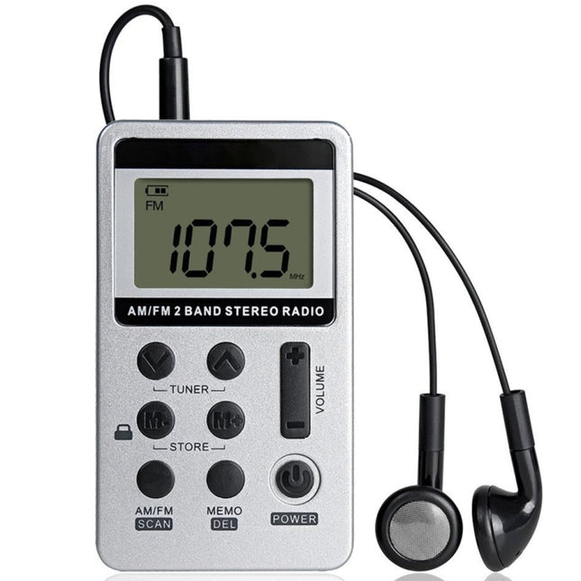 HRD-103 FM + AM Two Band Portable Radio with Lanyard & Headset(Silver)-garmade.com
