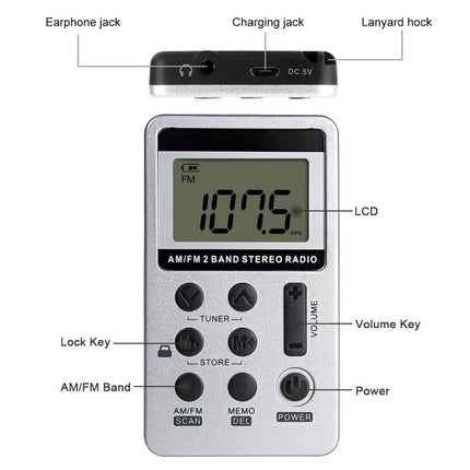 HRD-103 FM + AM Two Band Portable Radio with Lanyard & Headset(Silver)-garmade.com