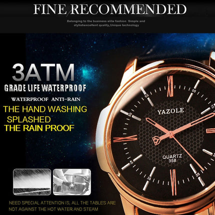 358 YAZOLE Men Fashion Business Waterproof Leather Band Quartz Wrist Watch(Black)-garmade.com