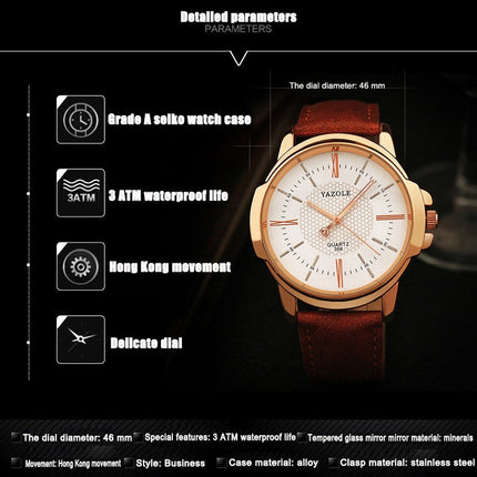 358 YAZOLE Men Fashion Business Waterproof Leather Band Quartz Wrist Watch(Black)-garmade.com