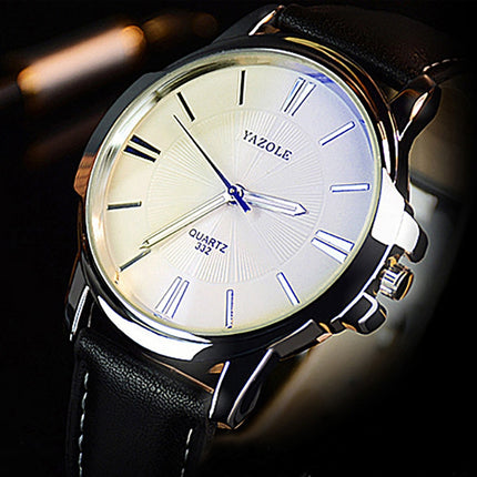 332 YAZOLE Men Fashion Business Leather Band Quartz Wrist Watch(Black + White)-garmade.com