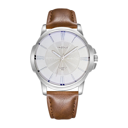 332 YAZOLE Men Fashion Business Leather Band Quartz Wrist Watch(Brown + White)-garmade.com
