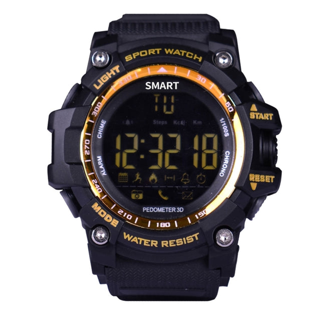 EX16 1.12 Inch FSTN LCD Full Angle Screen Display Sport Smart Watch, IP67 Waterproof, Support Pedometer / Stopwatch / Alarm / Notification Remind / Call Notify / Camera Remote Control / Calories Burned, Compatible with Android and iOS Phones(Gold)-garmade.com