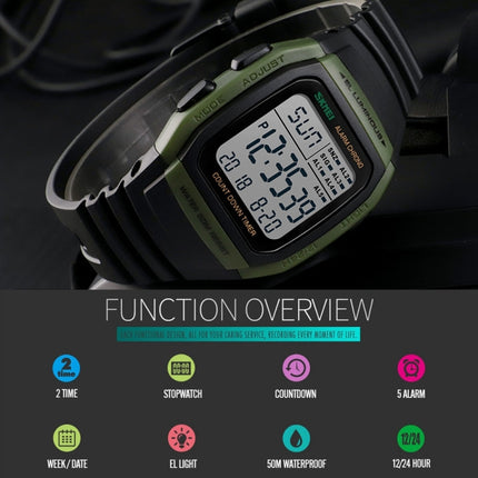 SKMEI 1278 Fashionable Outdoor 50m Waterproof Digital Watch Student Sports Wrist Watch Support 5 Group Alarm Clocks(Army Green)-garmade.com