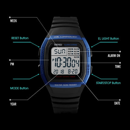 SKMEI 1278 Fashionable Outdoor 50m Waterproof Digital Watch Student Sports Wrist Watch Support 5 Group Alarm Clocks(Blue)-garmade.com