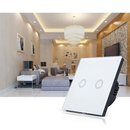 86mm 2 Gang Tempered Glass Panel Wall Switch Smart Home Light Touch Switch with RF433 Remote Controller, AC 110V-240V(Black)-garmade.com