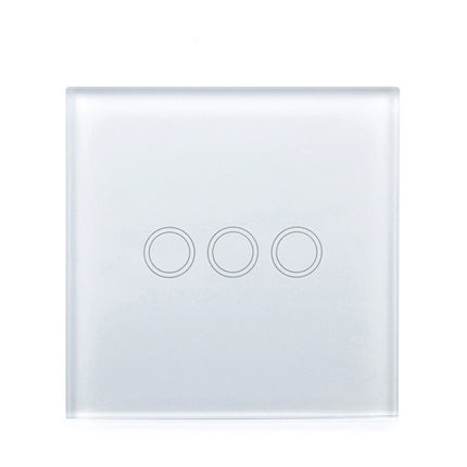 86mm 3 Gang Tempered Glass Panel Wall Switch Smart Home Light Touch Switch with RF433 Remote Controller, AC 110V-240V(White)-garmade.com