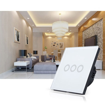 86mm 3 Gang Tempered Glass Panel Wall Switch Smart Home Light Touch Switch with RF433 Remote Controller, AC 110V-240V(White)-garmade.com