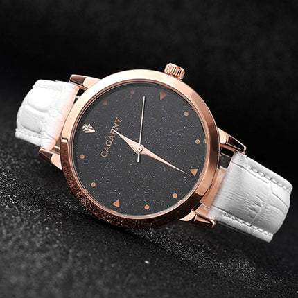CAGARNY 6875 Round Dial Water Resistant Starry Sky Pattern Fashion Women Quartz Wrist Watch with Leather Band (White)-garmade.com