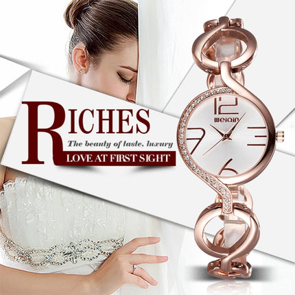 WeiQin Women Fashion Hollow Chain Bracelet Crystal Inlaid Dial Quartz Wrist Dress Watch(Rose Gold + White)-garmade.com