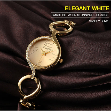 WeiQin Women Fashion Hollow Chain Bracelet Crystal Inlaid Dial Quartz Wrist Dress Watch(Rose Gold + White)-garmade.com