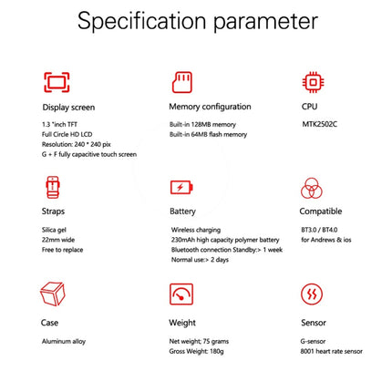 N6 Smart Watch 1.3 inch TFT Screen MTK2502C Bluetooth4.0, Silicone Watch Strap, Support Heart Rate Monitor & Pedometer & Sleep Monitor & Sedentary Reminder(Red)-garmade.com