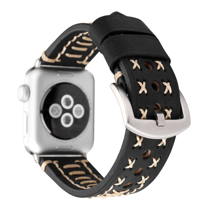 For Apple Watch Series 3 & 2 & 1 38mm Manual Line Pattern Genuine Leather Wrist Watch Band(Black)-garmade.com