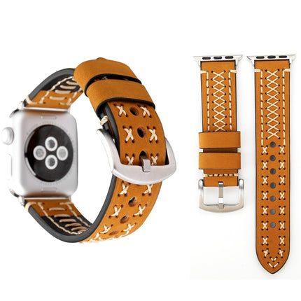 For Apple Watch Series 3 & 2 & 1 38mm Manual Line Pattern Genuine Leather Wrist Watch Band(Khaki)-garmade.com