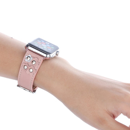 For Apple Watch Series 3 & 2 & 1 42mm Fashion Occident Style Flowers Genuine Leather Wrist Watch Band(Pink)-garmade.com