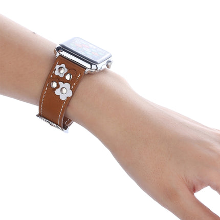 For Apple Watch Series 3 & 2 & 1 42mm Fashion Occident Style Flowers Genuine Leather Wrist Watch Band(Khaki)-garmade.com