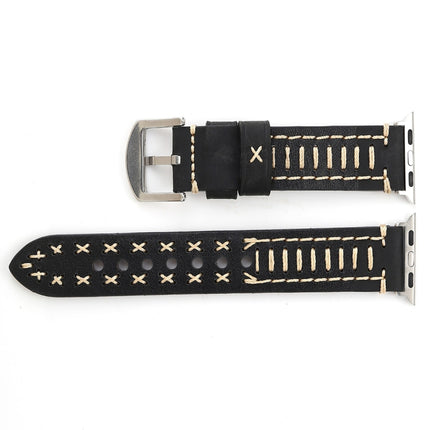 For Apple Watch Series 3 & 2 & 1 42mm Manual Line Pattern Genuine Leather Wrist Watch Band(Black)-garmade.com