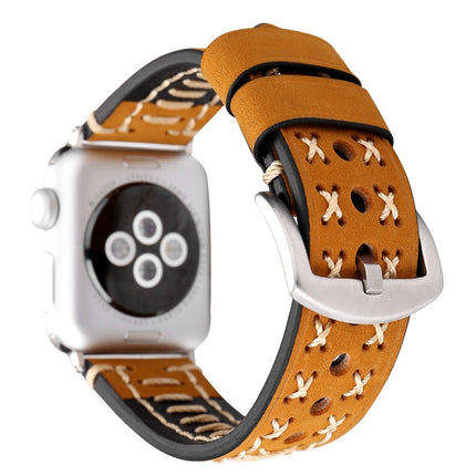 For Apple Watch Series 3 & 2 & 1 42mm Manual Line Pattern Genuine Leather Wrist Watch Band(Khaki)-garmade.com