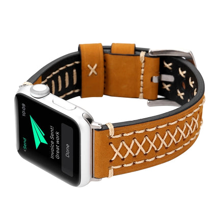 For Apple Watch Series 3 & 2 & 1 42mm Manual Line Pattern Genuine Leather Wrist Watch Band(Khaki)-garmade.com