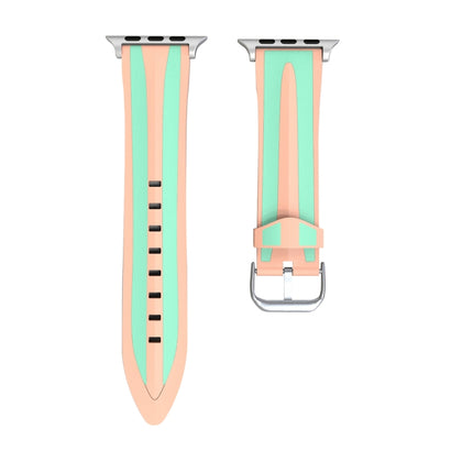 For Apple Watch Series 3 & 2 & 1 38mm Fashion Double Stripes Pattern Silicone Watch Strap (Pink+Green)-garmade.com